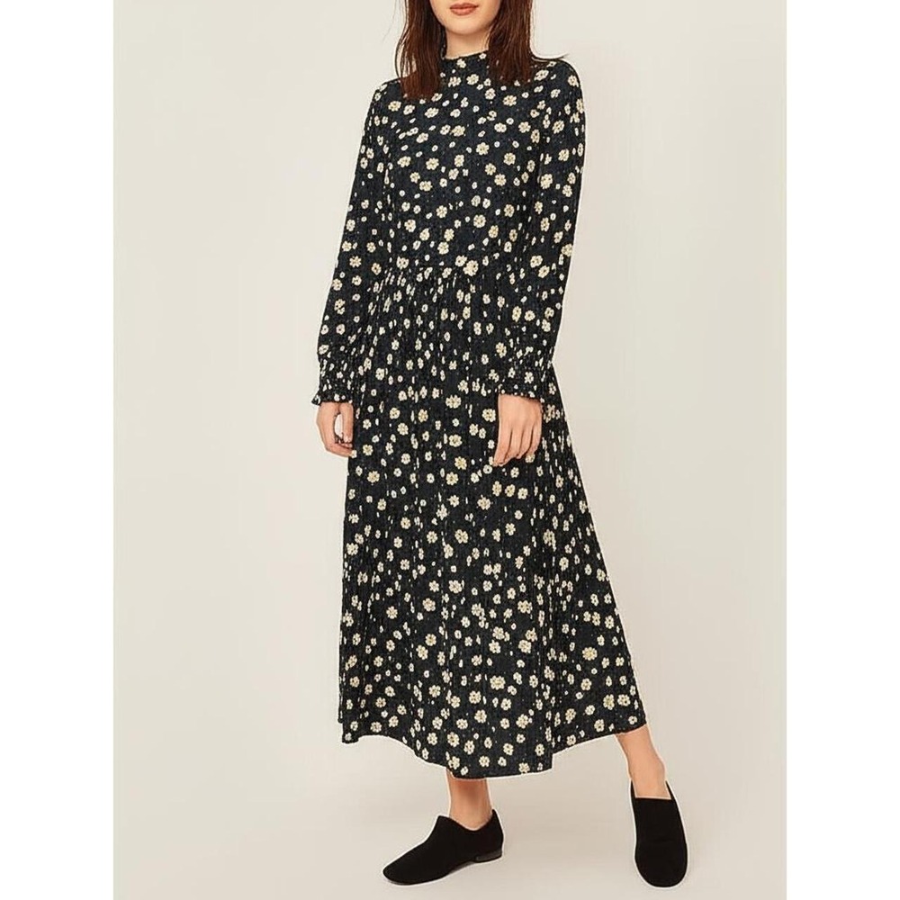 Draper James Dress‎ Womens Size M Navy Blue Floral Tiered Ruffled Mock Neck Boho